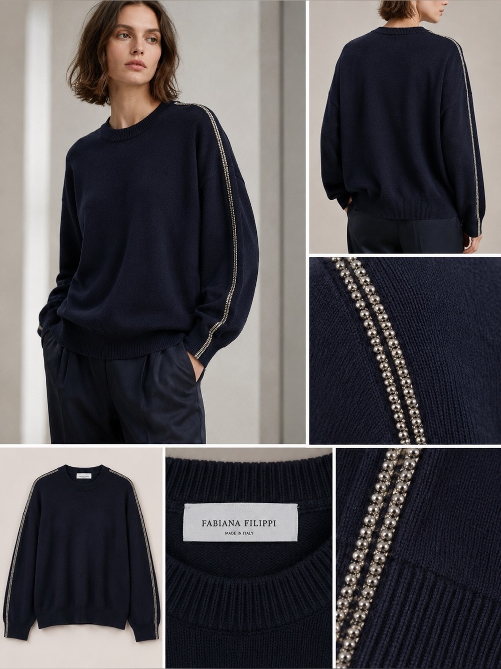 Fabiana Filippi Midnight Blue Sweater with Signature Platinum Ball-Chain Trim